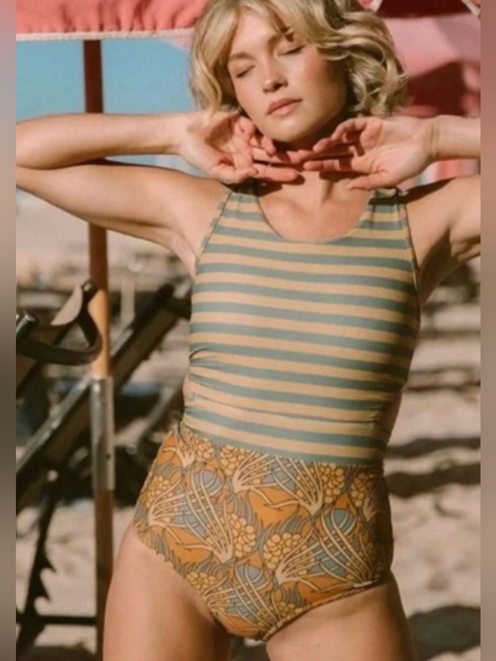 Albion Striped & Floral One-Piece Swimsuit in Sage and Mustard